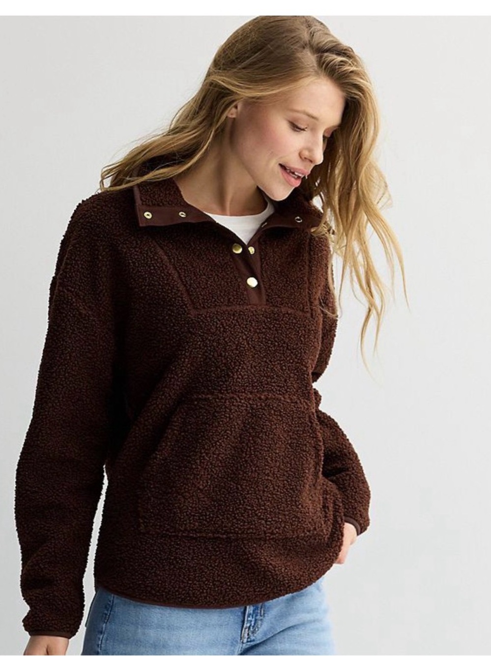 NWT Faux Sherling Sonoma Dark Brown Teddy Snap-Front Pullover Jacket